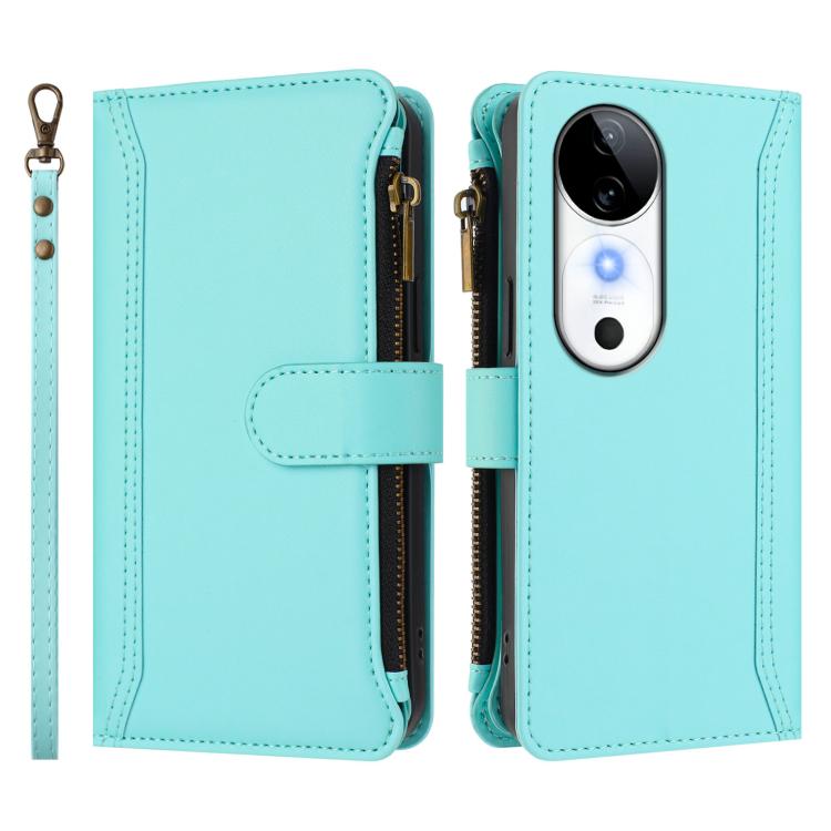 For vivo S19 Magnetic Closure 9 Card Slots Zipper Leather Case with Hand Strap