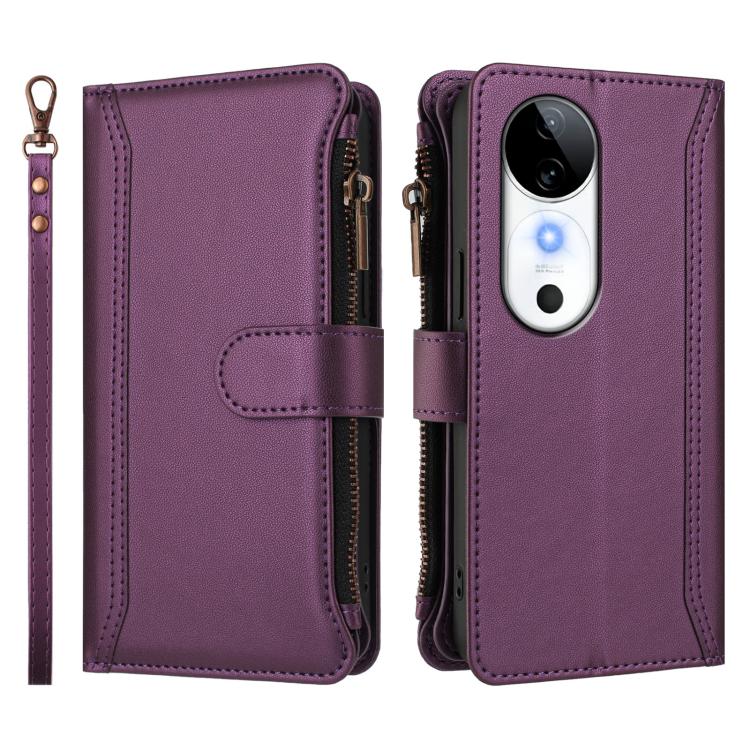 For vivo S19 Magnetic Closure 9 Card Slots Zipper Leather Case with Hand Strap