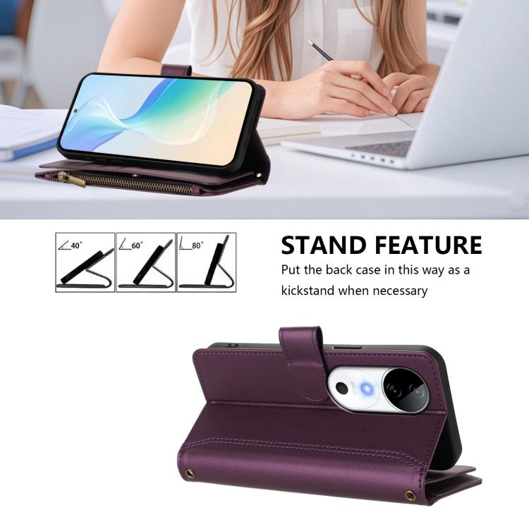 For vivo S19 Magnetic Closure 9 Card Slots Zipper Leather Case with Hand Strap