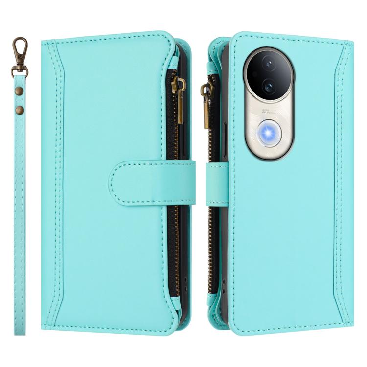 For vivo S20 5G Magnetic Closure 9 Card Slots Zipper Leather Case with Hand Strap