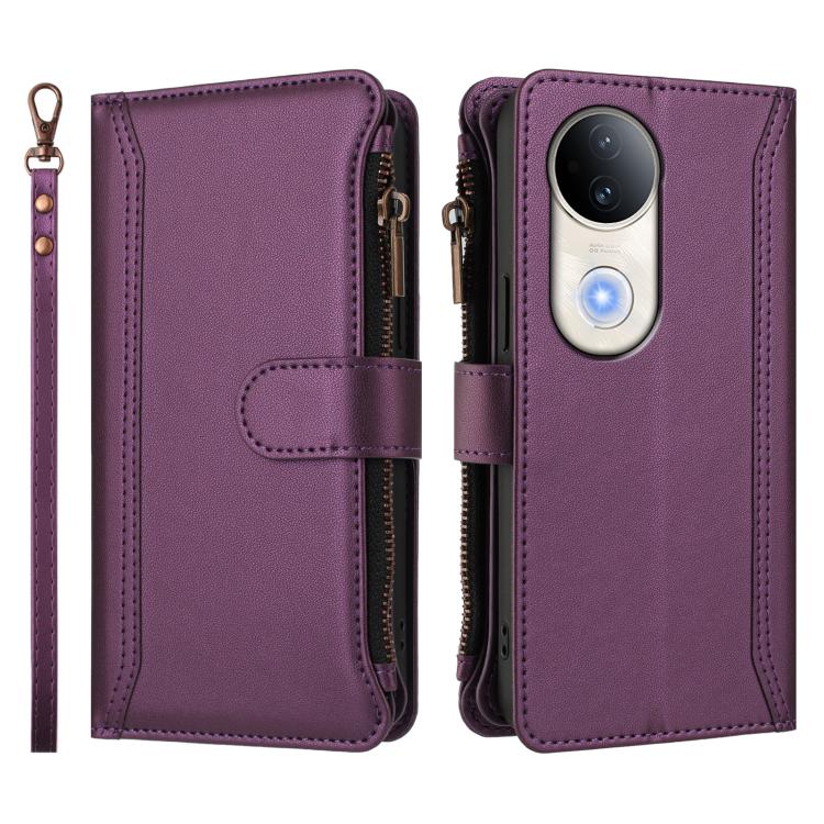For vivo S20 5G Magnetic Closure 9 Card Slots Zipper Leather Case with Hand Strap