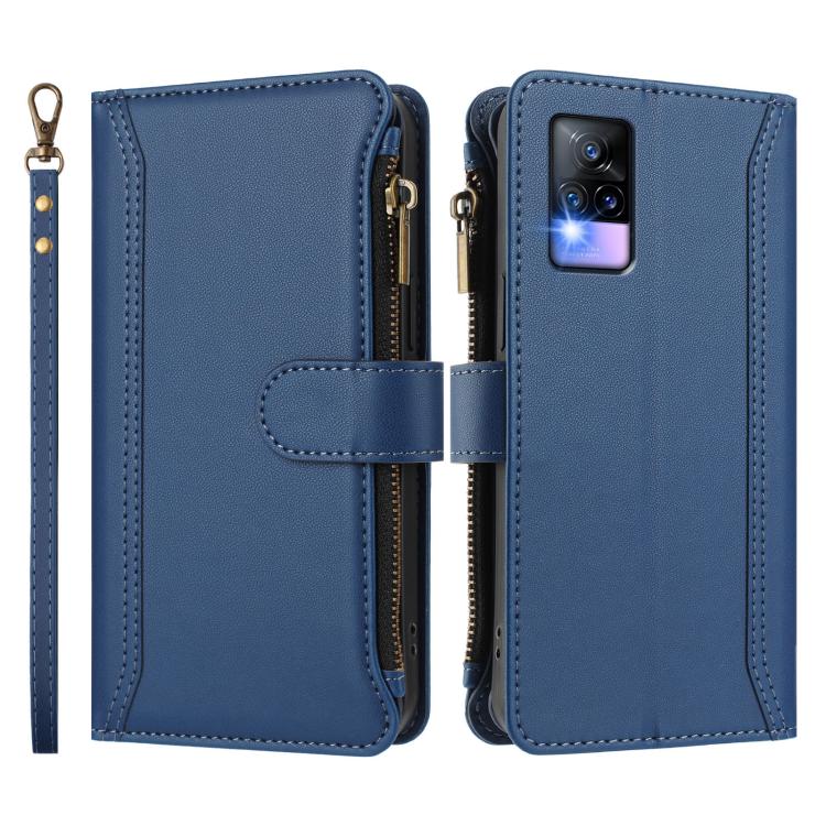 For vivo V20 / V21E 4G / Y73 2021 Magnetic Closure 9 Card Slots Zipper Leather Case with Hand Strap