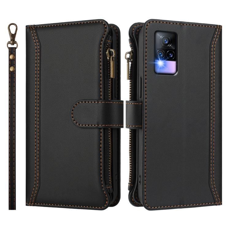For vivo V20 / V21E 4G / Y73 2021 Magnetic Closure 9 Card Slots Zipper Leather Case with Hand Strap