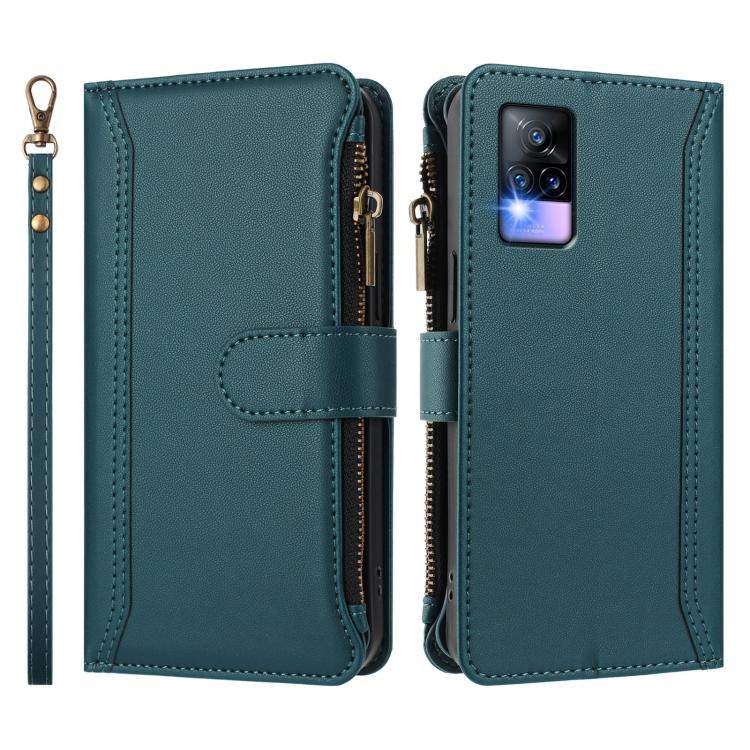 For vivo V20 / V21E 4G / Y73 2021 Magnetic Closure 9 Card Slots Zipper Leather Case with Hand Strap