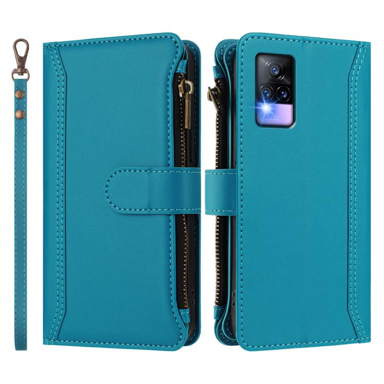 For vivo V20 / V21E 4G / Y73 2021 Magnetic Closure 9 Card Slots Zipper Leather Case with Hand Strap