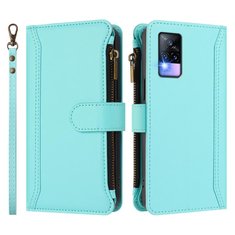 For vivo V20 / V21E 4G / Y73 2021 Magnetic Closure 9 Card Slots Zipper Leather Case with Hand Strap