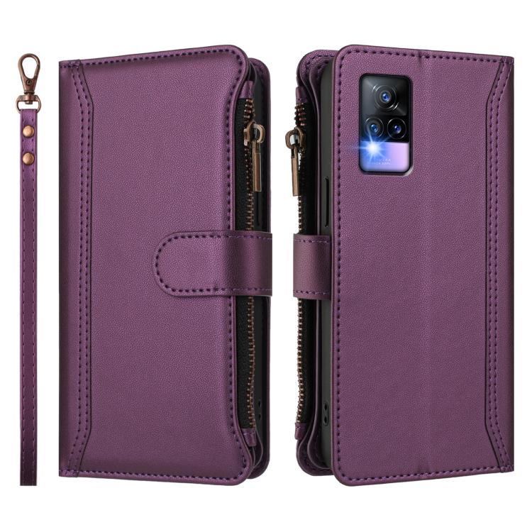 For vivo V20 / V21E 4G / Y73 2021 Magnetic Closure 9 Card Slots Zipper Leather Case with Hand Strap