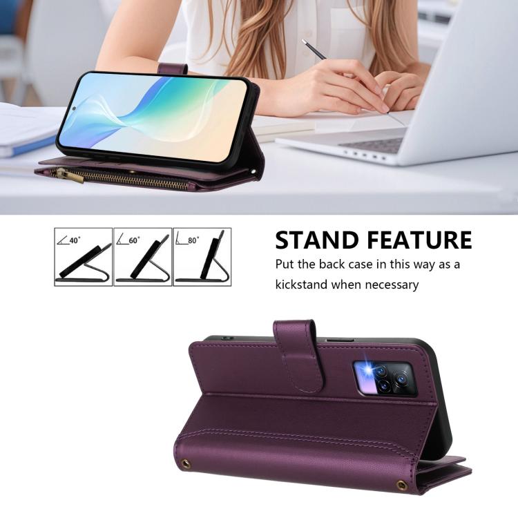 For vivo V20 / V21E 4G / Y73 2021 Magnetic Closure 9 Card Slots Zipper Leather Case with Hand Strap