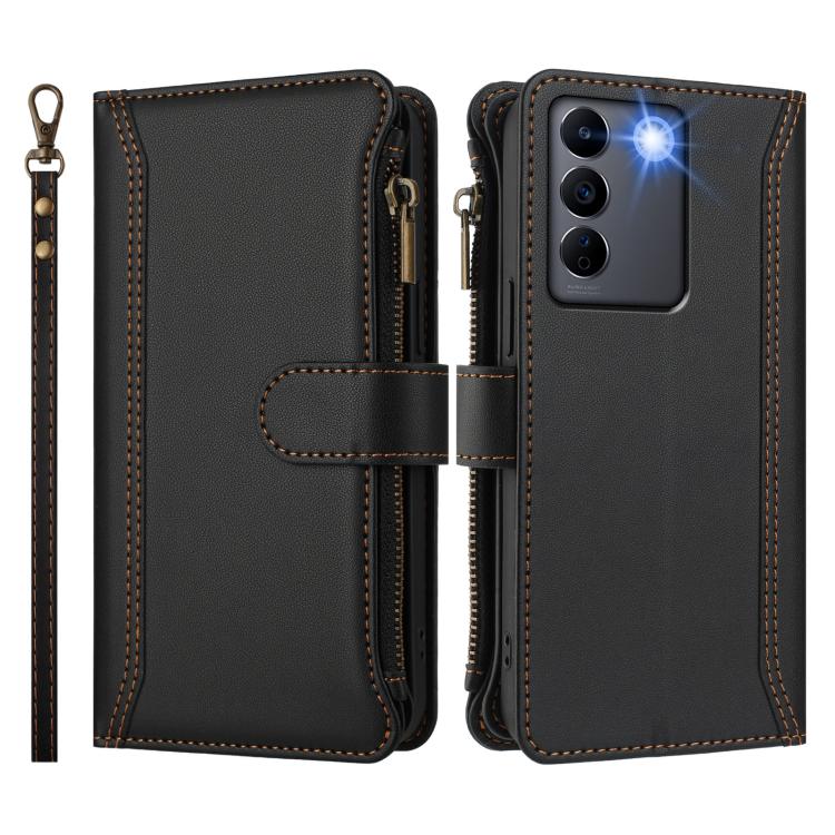 For vivo V27 5G Global / V27 Pro 5G Global Magnetic Closure 9 Card Slots Zipper Leather Case with Hand Strap