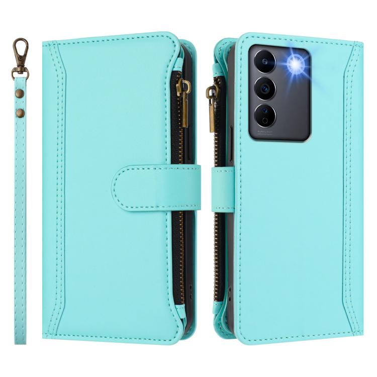 For vivo V27 5G Global / V27 Pro 5G Global Magnetic Closure 9 Card Slots Zipper Leather Case with Hand Strap