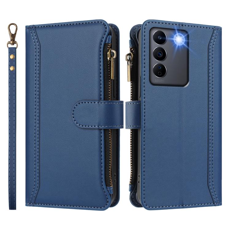 For vivo V27E 4G Global / T2 4G Global Magnetic Closure 9 Card Slots Zipper Leather Case with Hand Strap
