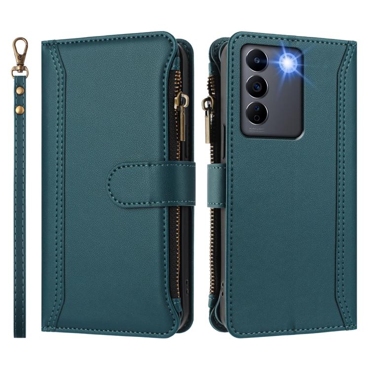 For vivo V27E 4G Global / T2 4G Global Magnetic Closure 9 Card Slots Zipper Leather Case with Hand Strap
