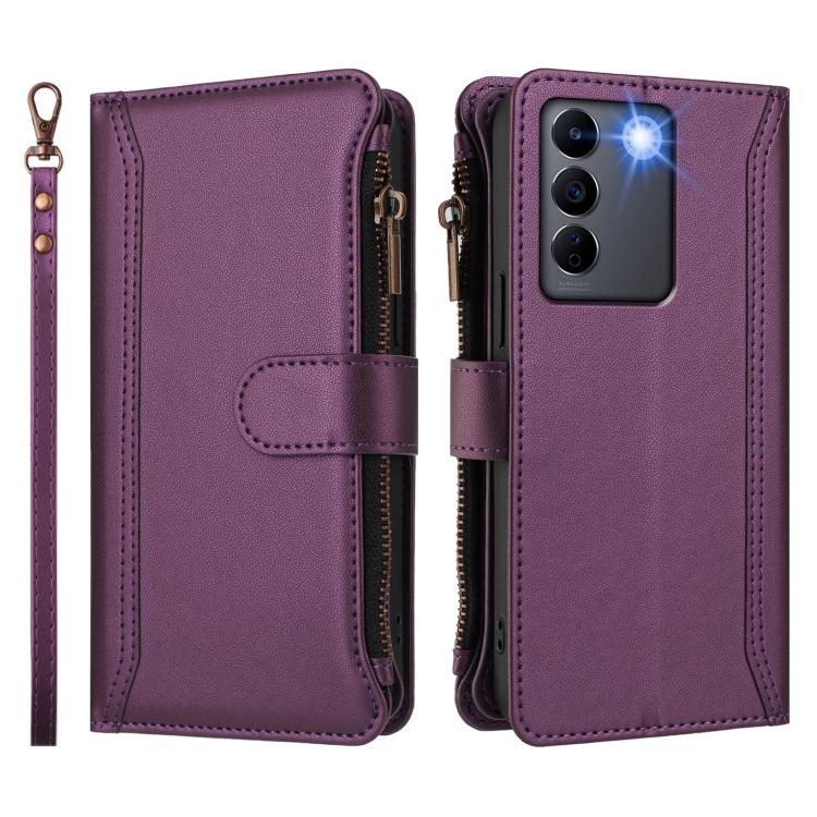 For vivo V27E 4G Global / T2 4G Global Magnetic Closure 9 Card Slots Zipper Leather Case with Hand Strap
