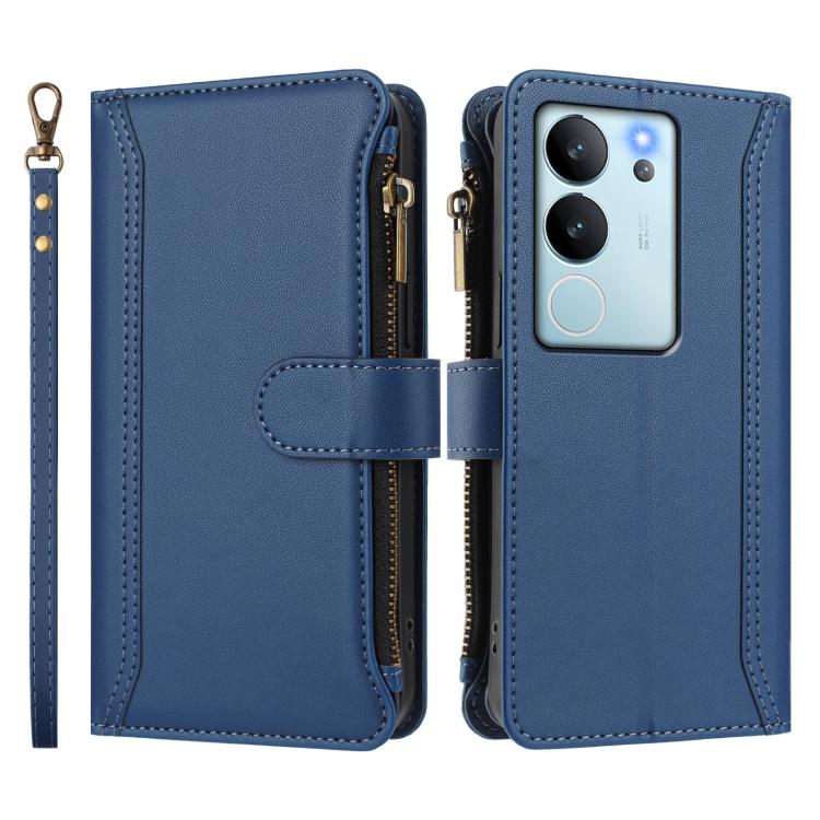 For vivo V29E 5G Global / V30 Lite 5G Global Magnetic Closure 9 Card Slots Zipper Leather Case with Hand Strap