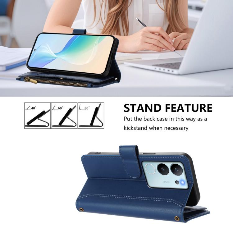 For vivo V29E 5G Global / V30 Lite 5G Global Magnetic Closure 9 Card Slots Zipper Leather Case with Hand Strap