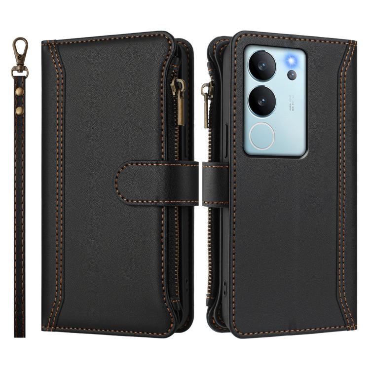 For vivo V29E 5G Global / V30 Lite 5G Global Magnetic Closure 9 Card Slots Zipper Leather Case with Hand Strap