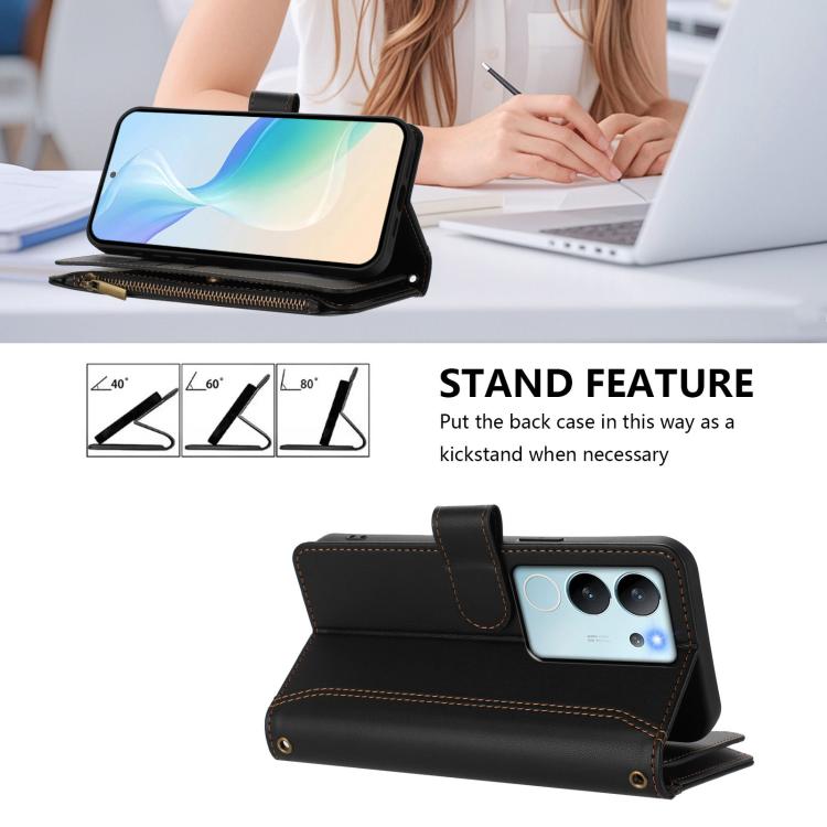 For vivo V29E 5G Global / V30 Lite 5G Global Magnetic Closure 9 Card Slots Zipper Leather Case with Hand Strap
