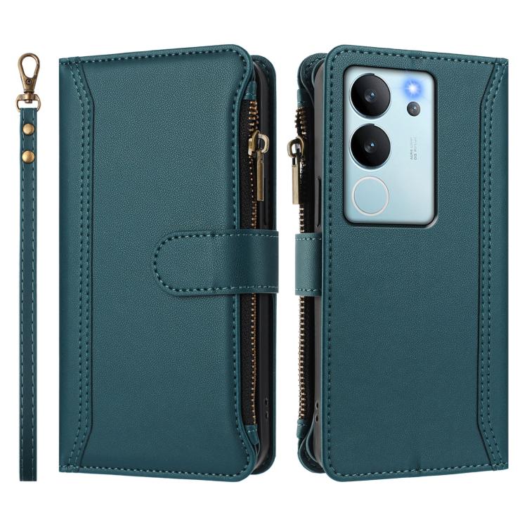For vivo V29E 5G Global / V30 Lite 5G Global Magnetic Closure 9 Card Slots Zipper Leather Case with Hand Strap