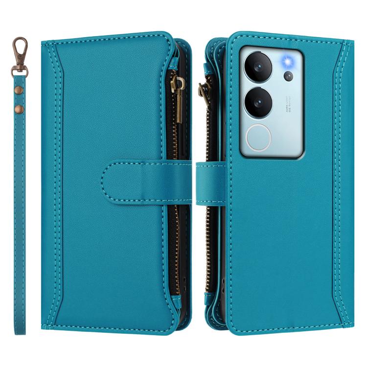 For vivo V29E 5G Global / V30 Lite 5G Global Magnetic Closure 9 Card Slots Zipper Leather Case with Hand Strap