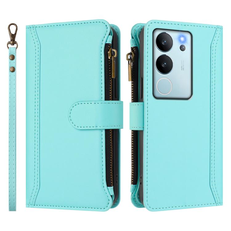 For vivo V29E 5G Global / V30 Lite 5G Global Magnetic Closure 9 Card Slots Zipper Leather Case with Hand Strap