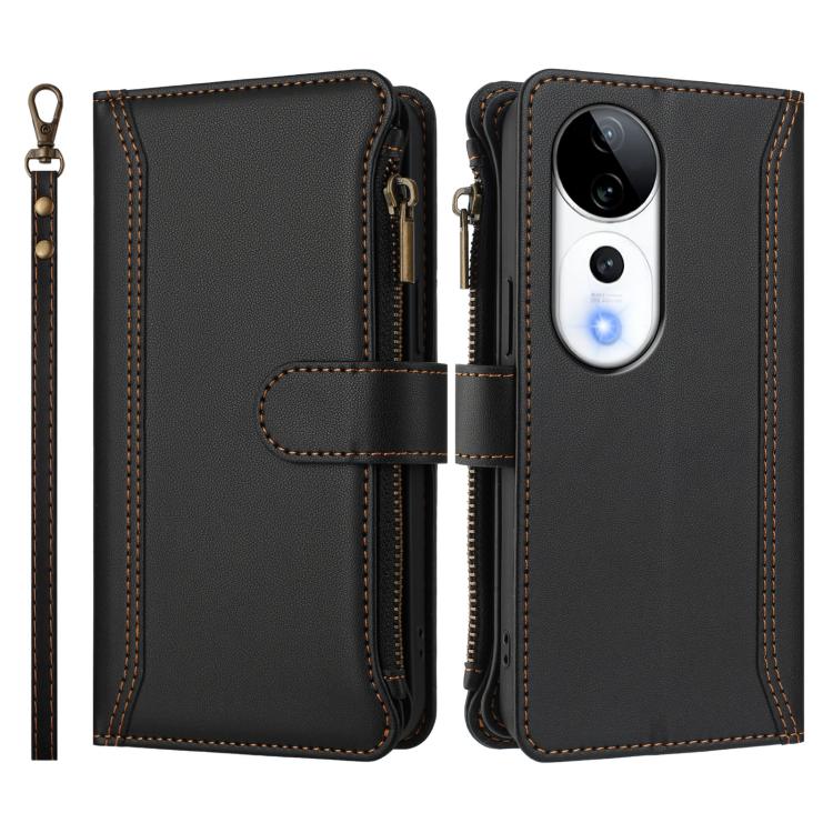 For vivo V40 5G Global / V40 Pro 5G Global Magnetic Closure 9 Card Slots Zipper Leather Case with Hand Strap