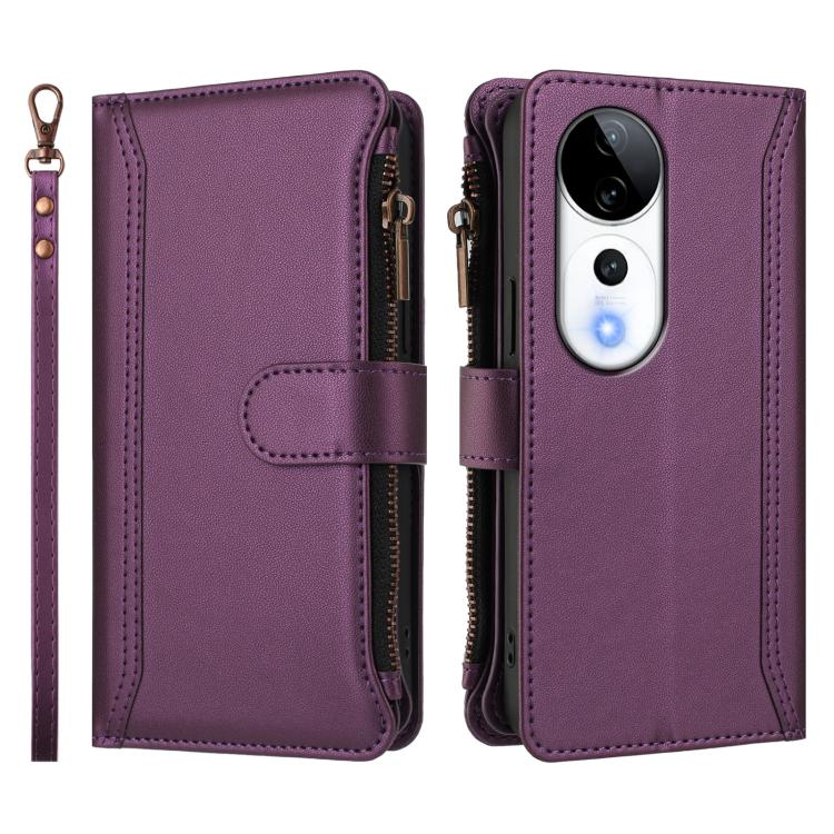 For vivo V40 5G Global / V40 Pro 5G Global Magnetic Closure 9 Card Slots Zipper Leather Case with Hand Strap