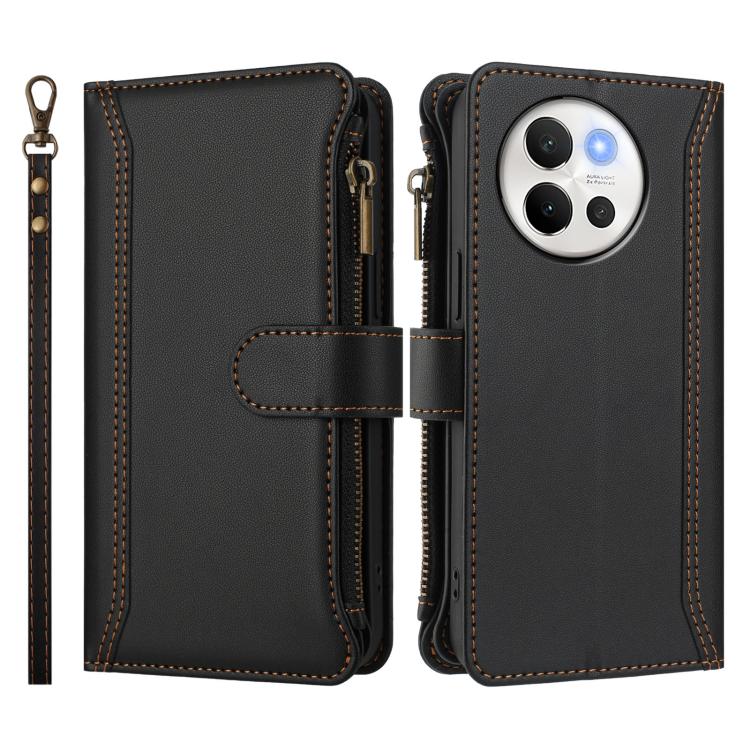 For vivo V40 Lite 5G Global / V30e 5G Global Magnetic Closure 9 Card Slots Zipper Leather Case with Hand Strap