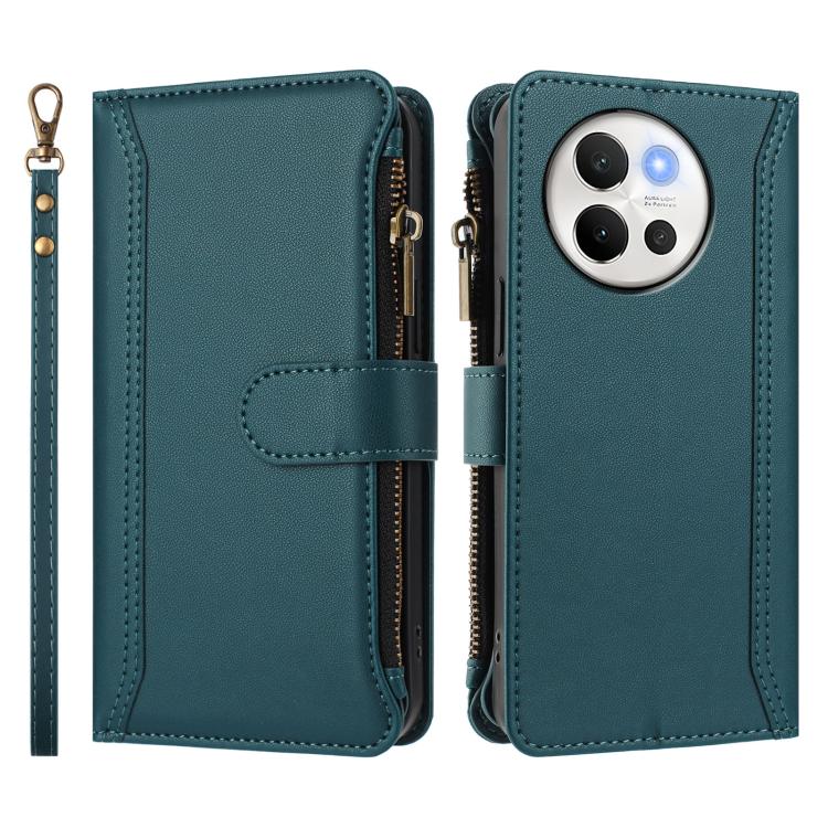 For vivo V40 Lite 5G Global / V30e 5G Global Magnetic Closure 9 Card Slots Zipper Leather Case with Hand Strap