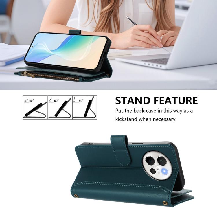 For vivo V40 Lite 5G Global / V30e 5G Global Magnetic Closure 9 Card Slots Zipper Leather Case with Hand Strap