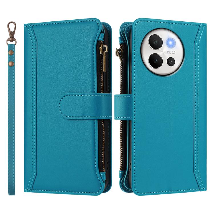 For vivo V40 Lite 5G Global / V30e 5G Global Magnetic Closure 9 Card Slots Zipper Leather Case with Hand Strap