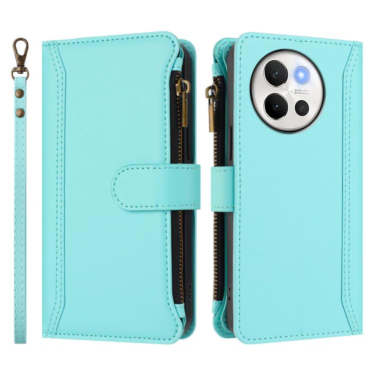 For vivo V40 Lite 5G Global / V30e 5G Global Magnetic Closure 9 Card Slots Zipper Leather Case with Hand Strap