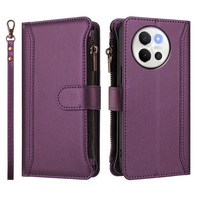 For vivo V40 Lite 5G Global / V30e 5G Global Magnetic Closure 9 Card Slots Zipper Leather Case with Hand Strap