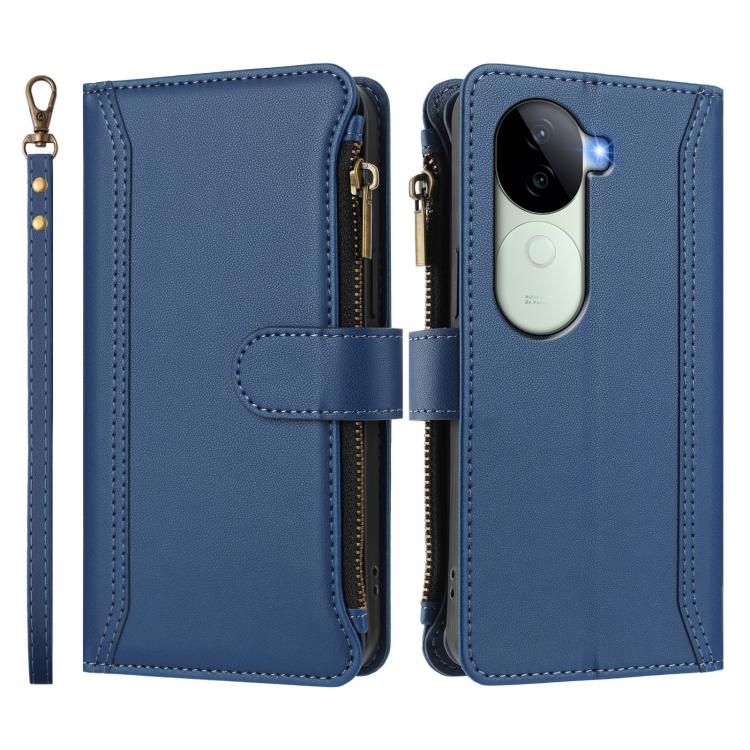 For vivo V40E 5G india / iQOO Z9s 5G Magnetic Closure 9 Card Slots Zipper Leather Case with Hand Strap