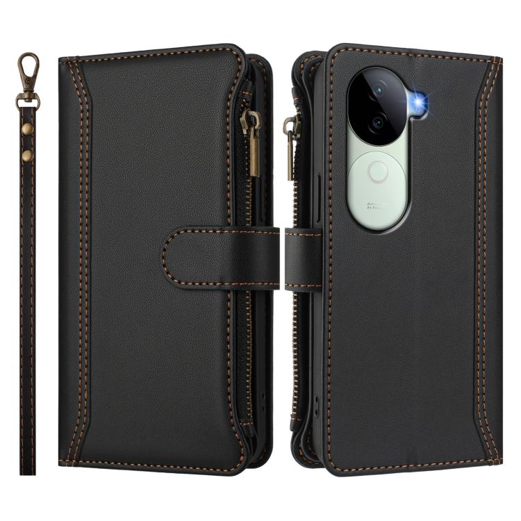 For vivo V40E 5G india / iQOO Z9s 5G Magnetic Closure 9 Card Slots Zipper Leather Case with Hand Strap