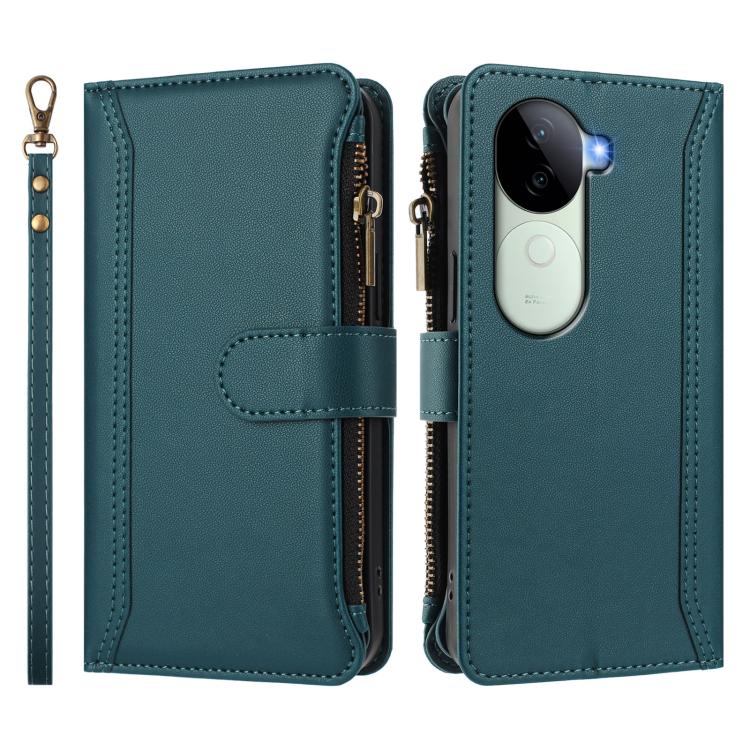 For vivo V40E 5G india / iQOO Z9s 5G Magnetic Closure 9 Card Slots Zipper Leather Case with Hand Strap