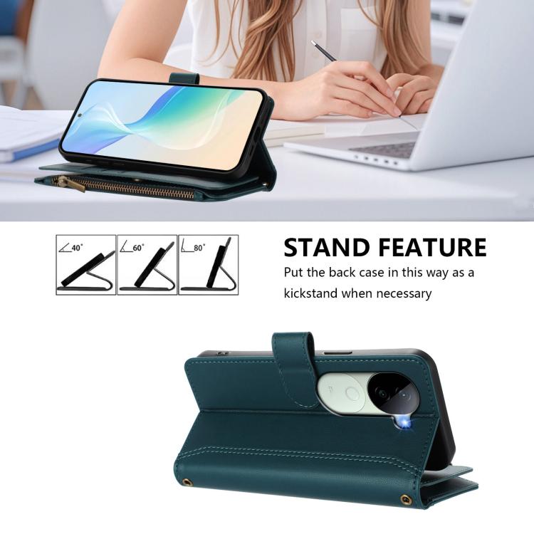 For vivo V40E 5G india / iQOO Z9s 5G Magnetic Closure 9 Card Slots Zipper Leather Case with Hand Strap