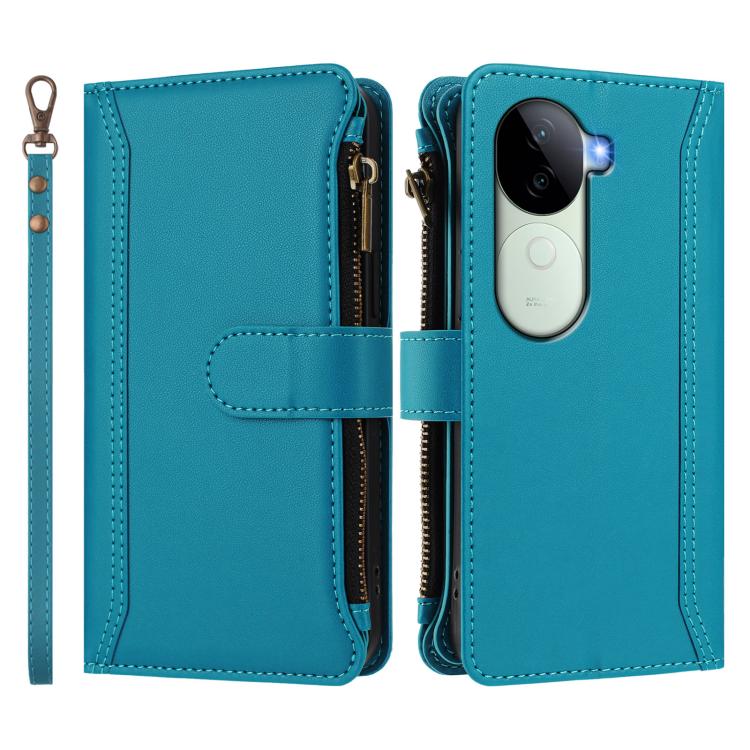 For vivo V40E 5G india / iQOO Z9s 5G Magnetic Closure 9 Card Slots Zipper Leather Case with Hand Strap