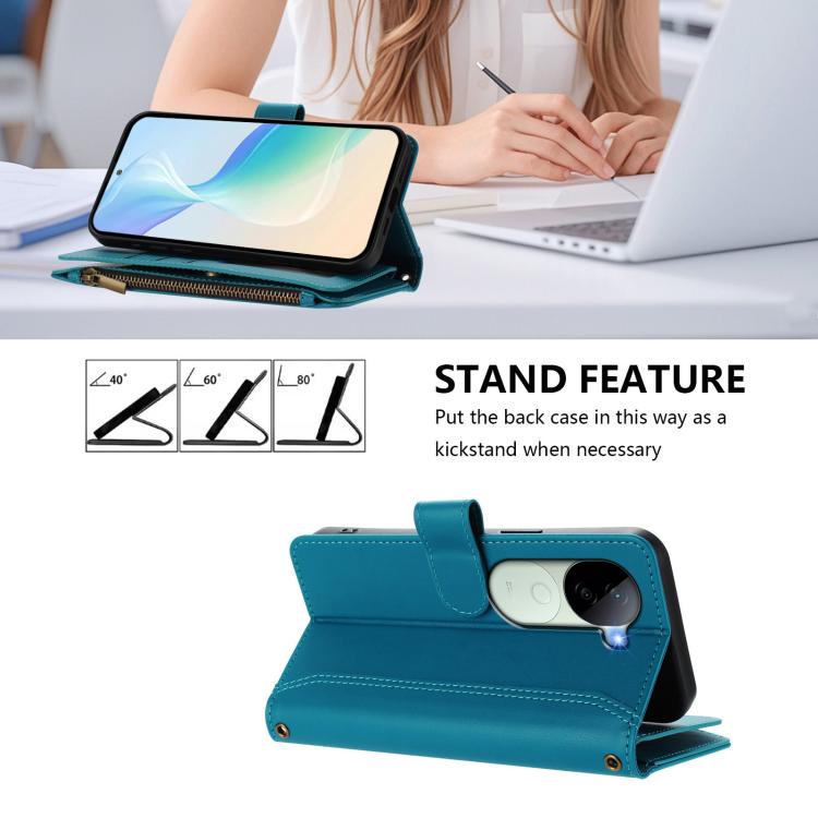 For vivo V40E 5G india / iQOO Z9s 5G Magnetic Closure 9 Card Slots Zipper Leather Case with Hand Strap