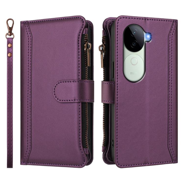 For vivo V40E 5G india / iQOO Z9s 5G Magnetic Closure 9 Card Slots Zipper Leather Case with Hand Strap
