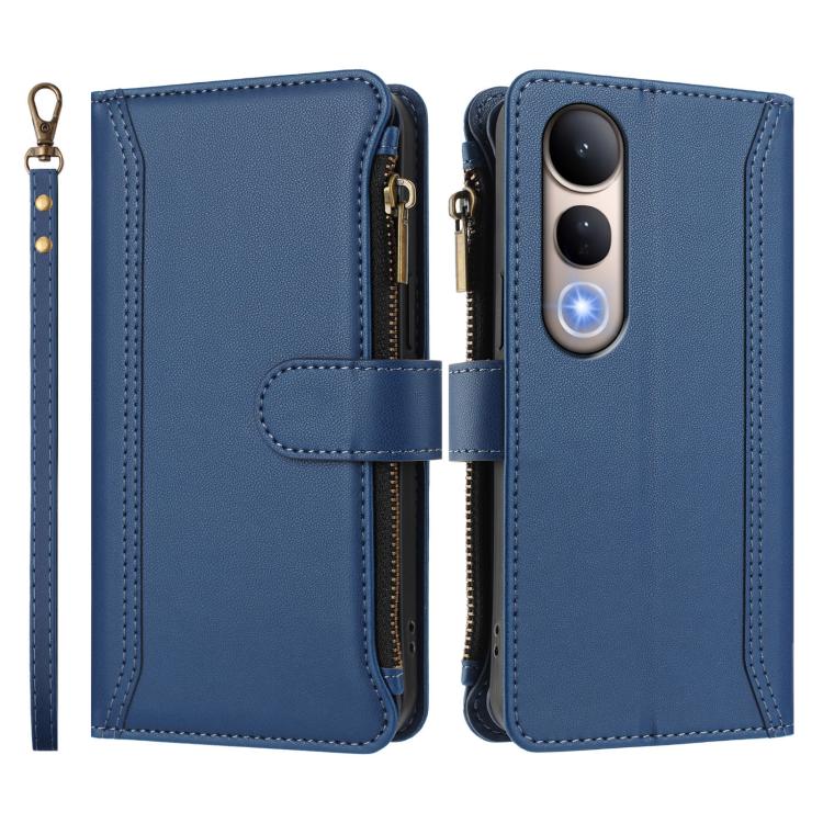 For vivo V50 Lite 5G Global / V50 Lite 4G Magnetic Closure 9 Card Slots Zipper Leather Case with Hand Strap