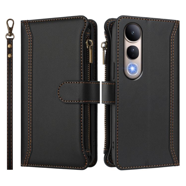 For vivo V50 Lite 5G Global / V50 Lite 4G Magnetic Closure 9 Card Slots Zipper Leather Case with Hand Strap