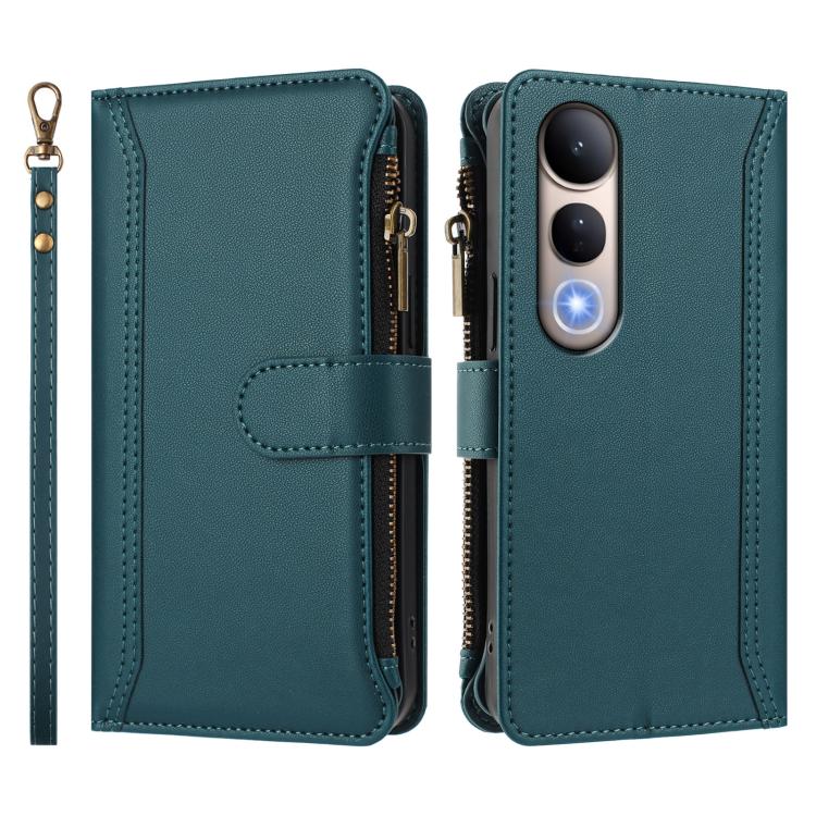 For vivo V50 Lite 5G Global / V50 Lite 4G Magnetic Closure 9 Card Slots Zipper Leather Case with Hand Strap
