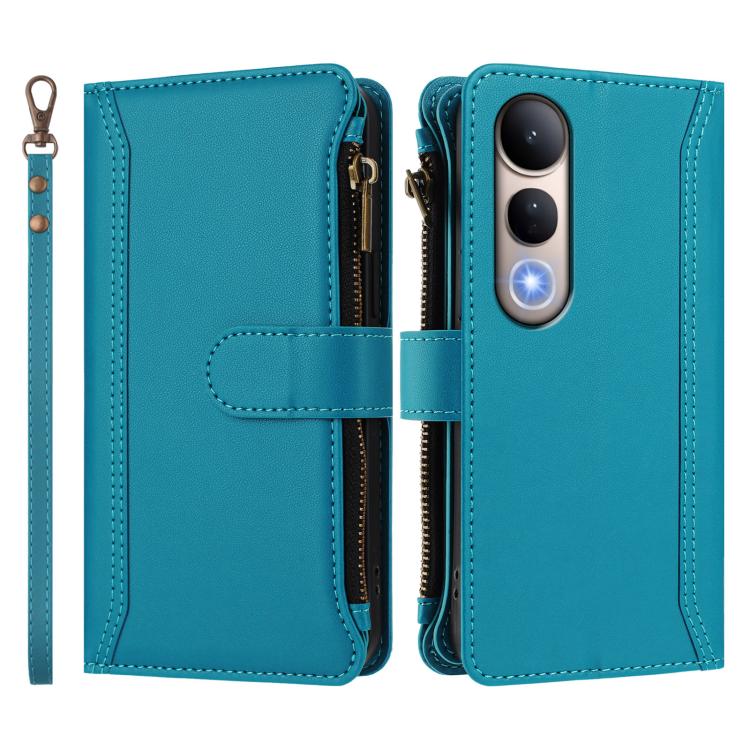 For vivo V50 Lite 5G Global / V50 Lite 4G Magnetic Closure 9 Card Slots Zipper Leather Case with Hand Strap
