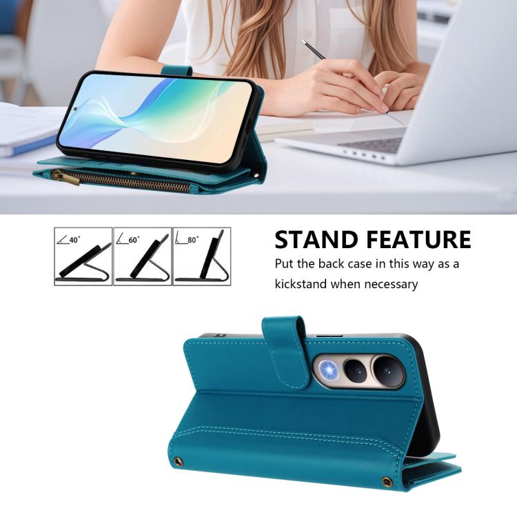 For vivo V50 Lite 5G Global / V50 Lite 4G Magnetic Closure 9 Card Slots Zipper Leather Case with Hand Strap