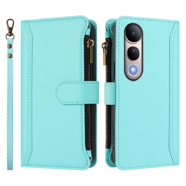 For vivo V50 Lite 5G Global / V50 Lite 4G Magnetic Closure 9 Card Slots Zipper Leather Case with Hand Strap