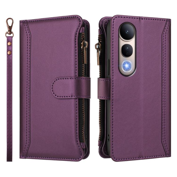 For vivo V50 Lite 5G Global / V50 Lite 4G Magnetic Closure 9 Card Slots Zipper Leather Case with Hand Strap