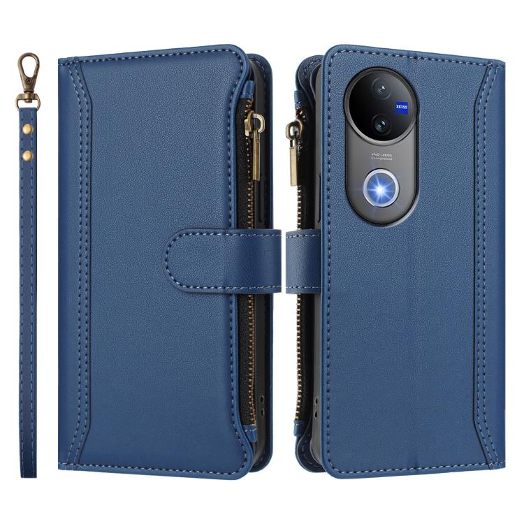 For vivo V50 5G Global Magnetic Closure 9 Card Slots Zipper Leather Case with Hand Strap