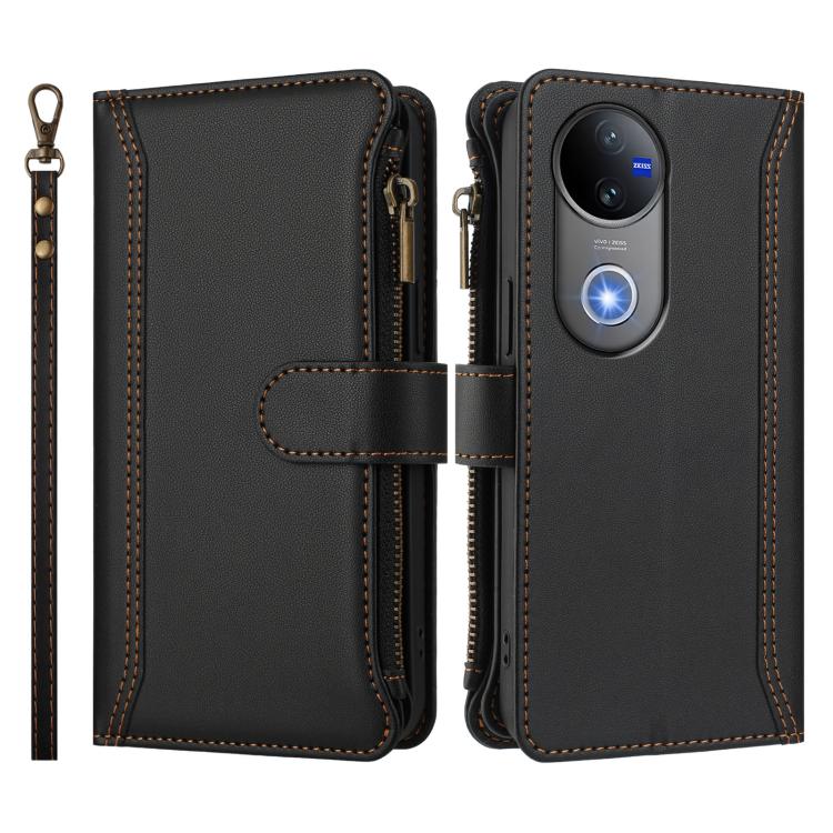 For vivo V50 5G Global Magnetic Closure 9 Card Slots Zipper Leather Case with Hand Strap