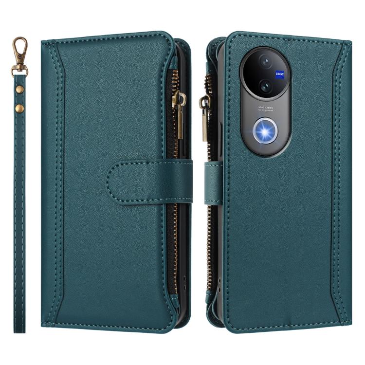 For vivo V50 5G Global Magnetic Closure 9 Card Slots Zipper Leather Case with Hand Strap