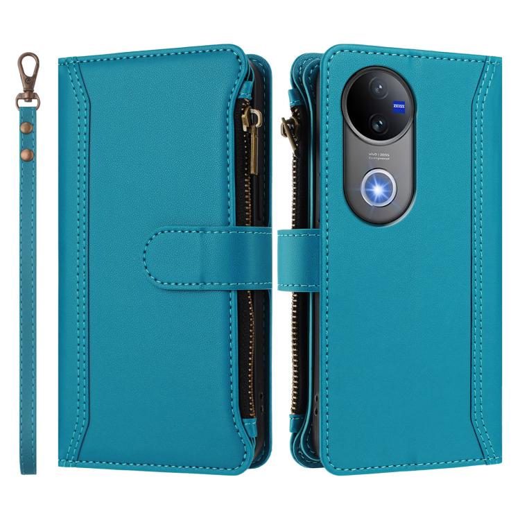 For vivo V50 5G Global Magnetic Closure 9 Card Slots Zipper Leather Case with Hand Strap